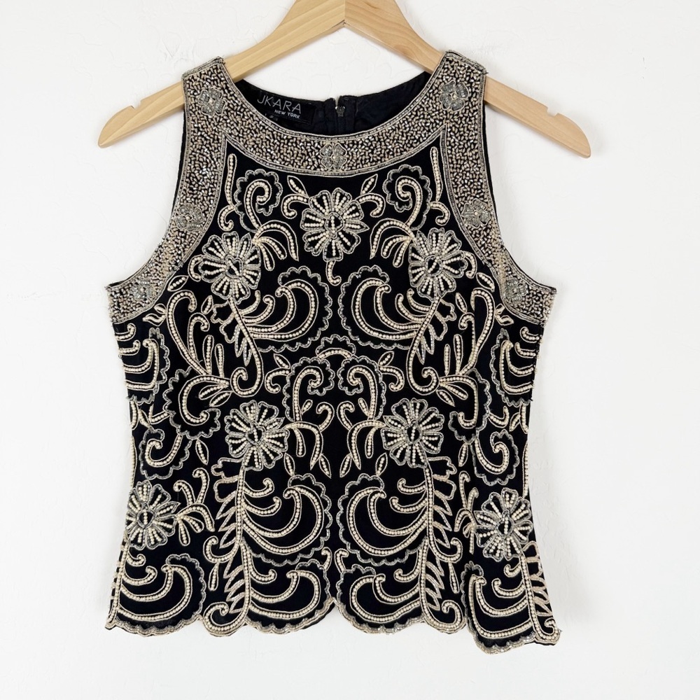 JKARA New York Embellished Short-Sleeve Full Back-Zip Beaded Blouse